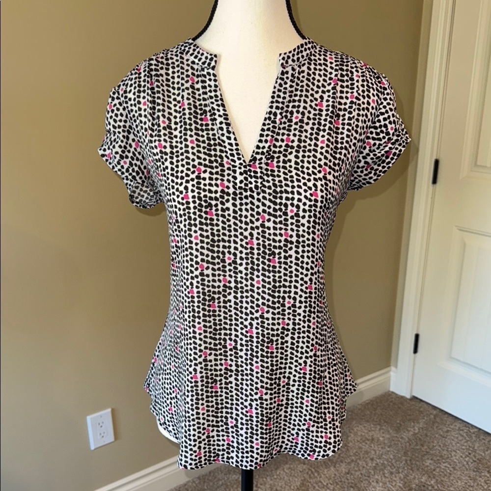 Reitmans Black Pink White Fitted Short Sleeve Blouse Mandarin Collar Women's SzS